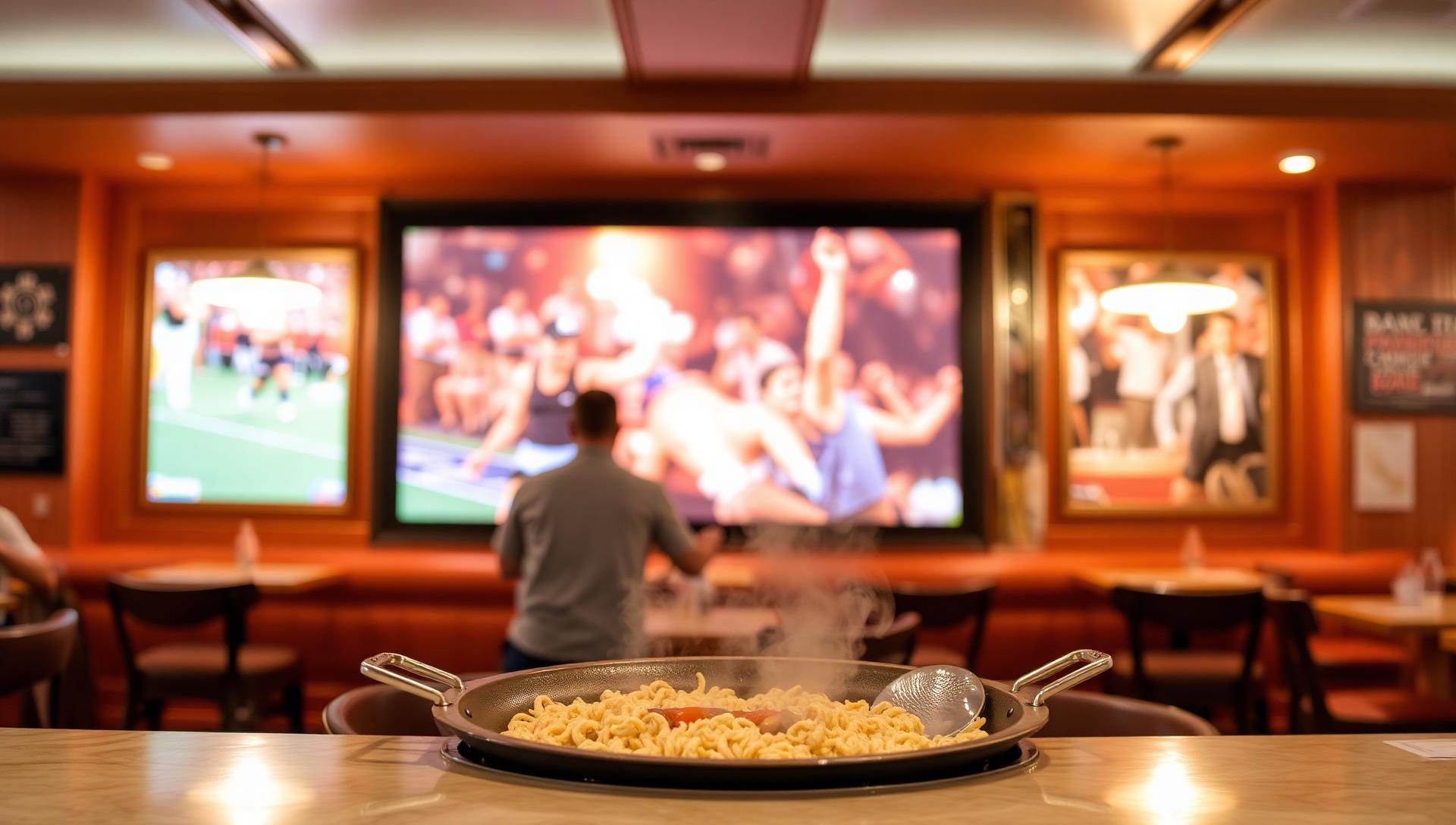 Salón con pantalla y mesas